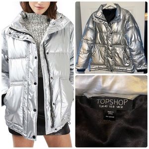 Topshop Bianca Metallic Puffer Jacket Silver Ski Snow Winter Fall Coat
